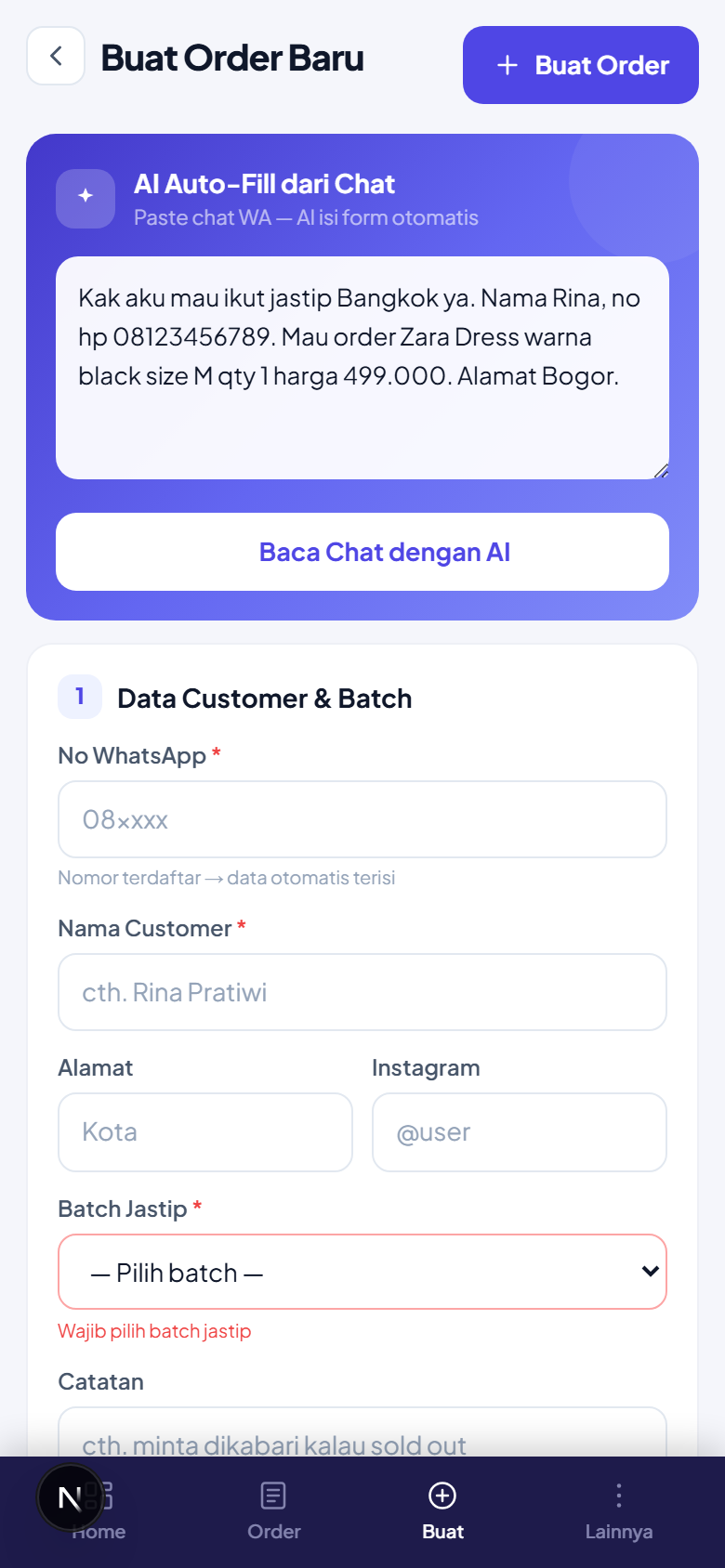Tempel chat WhatsApp, form order keisi sendiri