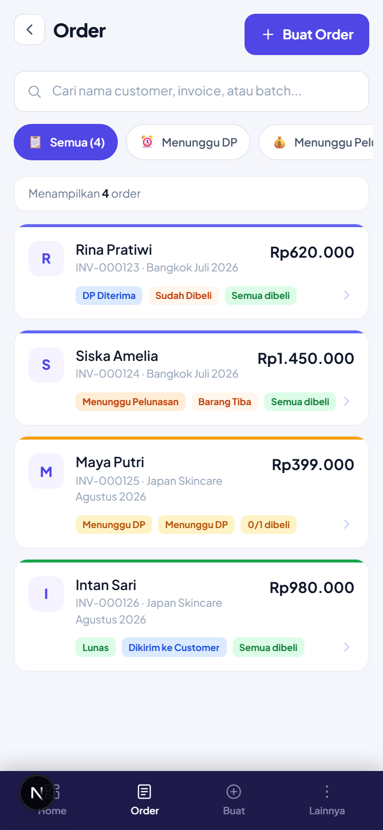 Semua order dalam satu daftar, bukan tercecer di chat